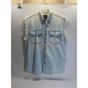 Biker Design Cut Off Light Wash Denim Shirt Graphic Skull Dogs Size Medium